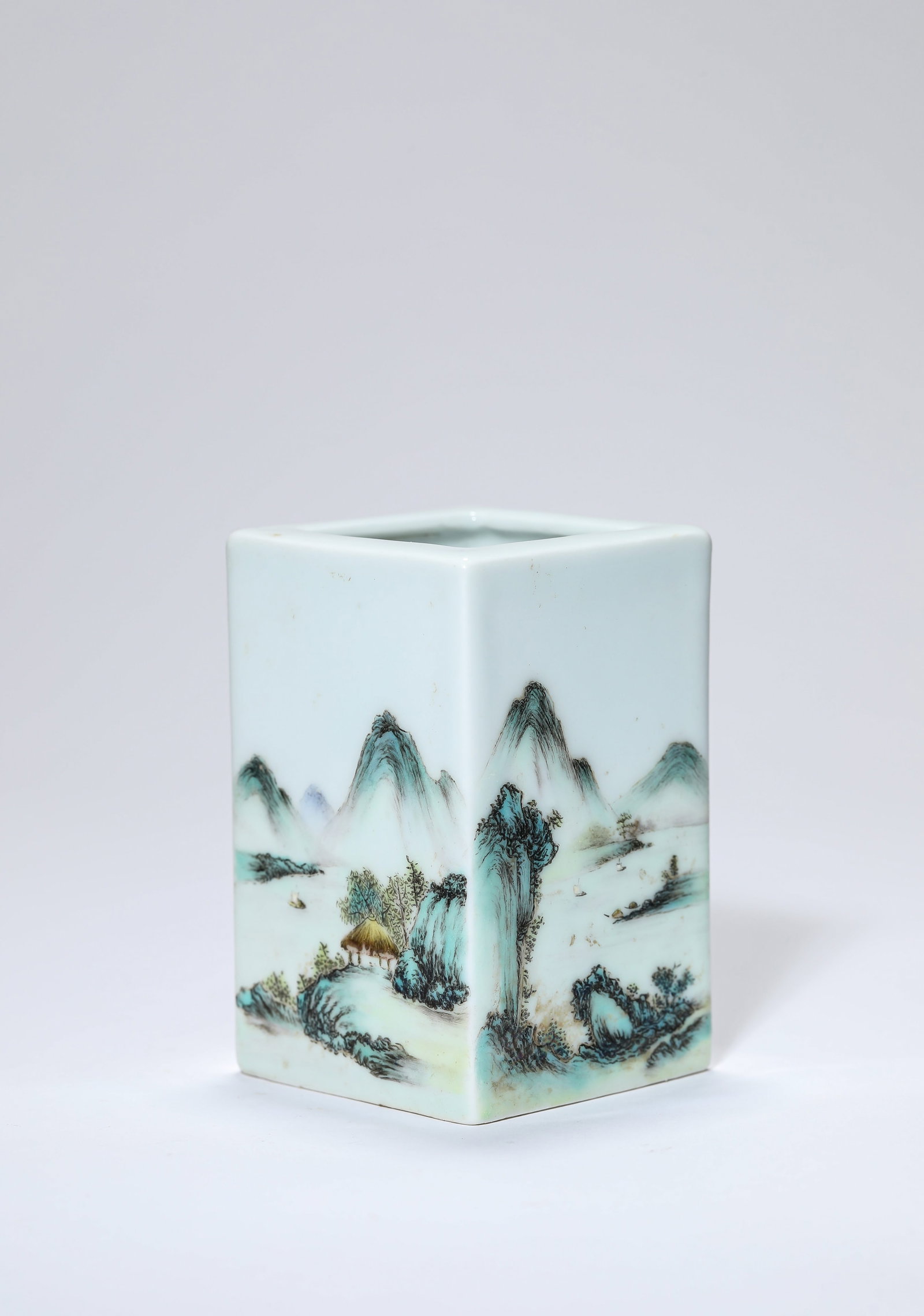 A Famille-Rose 'Landscape' 'Square' Brush Pot: A Famille-Rose 'Landscape' 'Square' Brush Pot Dimensions: Width: 9.0 cm (3.54 in) x Height: 6.0 cm (2.36 in). All measurements are approximate.