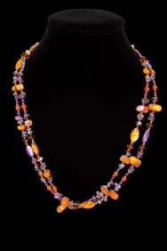 AMETHYST & AMBER SHELL DOUBLE- STRAND NECKLACE WITH SILVER ACCENTS