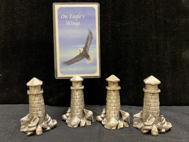 NAUTICAL PEWTER LIGHTHOUSE CARD OR PHOTO HOLDERS (4 SET)