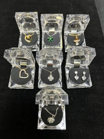 CRYSTAL & CUBIC ZIRCONIA JEWELRY SET-7 ELEGANT PIECES IN DIAMOND CUT DISPLAY BOXES
