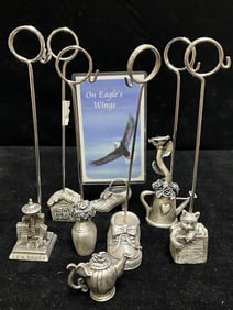 ASSORTED PEWTER PICTURE HOLDER SET - 8 DECORATIVE DESIGNS WITH CARD DISPLAY STANDS