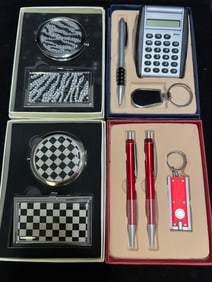 ELEGANT 4-PIECE GIFT BOX LOT - MIRROR & CARD CASE, PEN & CALCULATOR, DUAL PENS & FLASHLIGHT