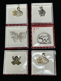 LOT OF 6 ANIMAL & NATURE RHINESTONE BROOCH PINS - BOXED SET