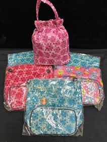 SET OF 6 SEQUIN FLORAL DRAWSTRING BAGS WITH HANDLE