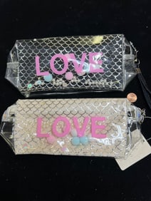 SET OF 2 "LOVE" COSMETIC BAGS - BLACK & WHITE MERMAID SCALES WITH FLOATING PEARLS