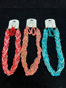 BRAIDED BEADED NECKLACE & EARRING SET - 3 COLORS, HAND-STRUNG FASHION JEWELRY LOT