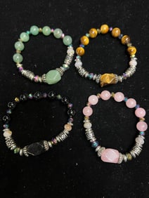 SET OF 4 SEMI-PRECIOUS STONE & CRYSTAL BEADED BRACELETS