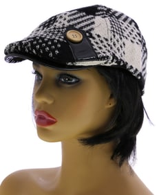Black & White Plaid Newsboy Cap with Button Detail