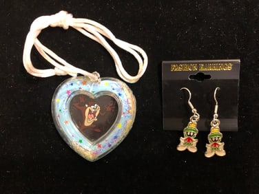Looney Tunes Jewelry Lot Taz Heart Necklace & Marvin the Martian Earrings