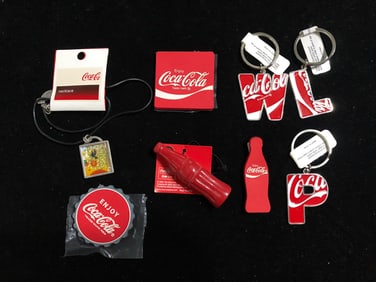 Coca Cola Collectible Keychain & Necklace Lot 7 Piece Vintage & Modern Set