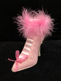 Elegant Pink Feathered High Heel Shoe Figurine Rhinestone & Ribbon D?cor, Vintage Vanity or Display