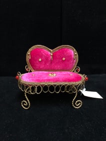 Vintage Miniature Heart Back Velvet Settee Ornate Wire Doll Furniture or Jewelry Display