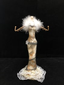 Vintage Glamour Dress Form Jewelry Stand Feather Trim, Lace Skirt & Gold Accents Elegant Vanity