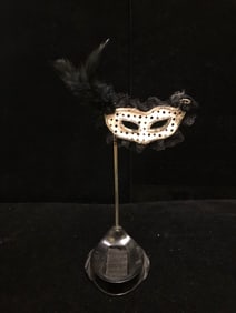 Elegant Mini Masquerade Mask on Stand Black & Gold Venetian Style D?cor with Feathers and Lace Trim
