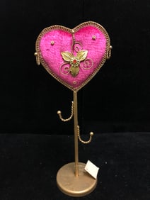 Vintage Heart Jewelry Stand Pink Velvet & Gold Wire with Floral Accent