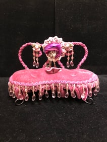 Vintage Pink Velvet Beaded Vanity Chair Decorative Jewelry Display with Crystal Dangling Trim