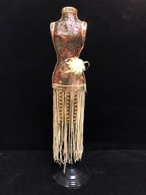 Vintage Orange and Brown Dress Jewelry Stand Tapestry Fabric with Fringe and Ribbon Accent on Black