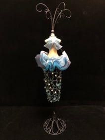 Elegant Blue Dress Form Jewelry Stand Wire Scroll Design with Beaded Skirt and Bow Accent