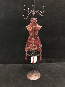 Vintage Red Wire Dress Form Jewelry Stand Beaded Metal Mannequin with Crystal Accents
