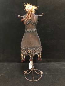Vintage Bronze Wire Dress Form Jewelry Stand Mesh Mannequin with Beaded Accents & Floral Top