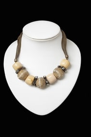 Chicos Brown and Gold Beaded Collar Necklace on Leather Cord