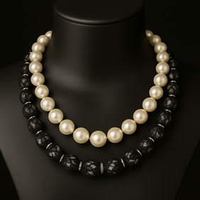 White House Black Market Black and White Beaded Double Strand Statement Necklace