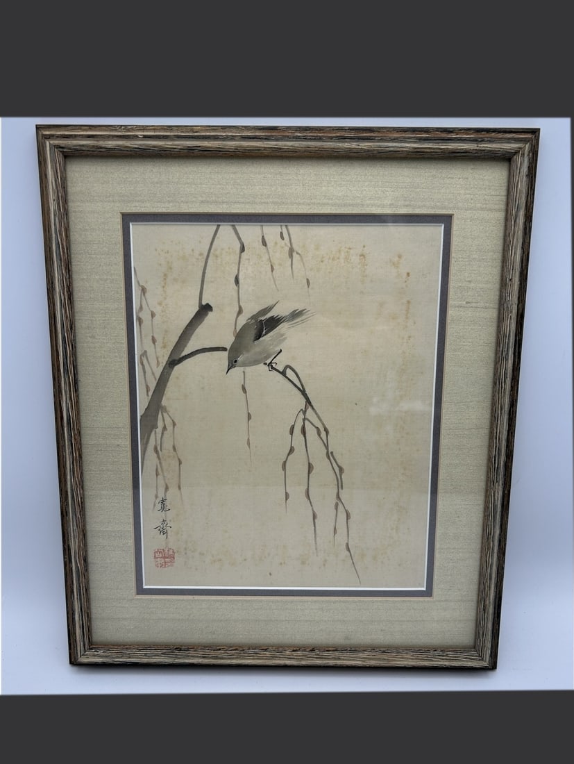 Mori Kansai Bird on Willow Painting: Japanese ink and color painting on silk depicting a bird on willow, attributed to Mori Kansai based on signature, seal and companion works. Approximate framed size 16 x 20 in. Reverse notation states