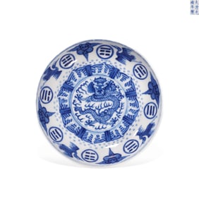 Qing Guangxu Blue and White Plate with Eight Trigrams, Cloud and Crane, and Dragon Patterns
