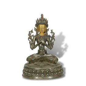 Qing Dynasty Silver Manjushri Bodhisattva statue inlaid with gems