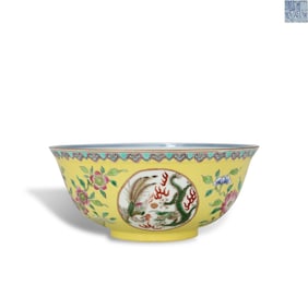 Qing Dynasty Daoguang period Dining bowl with blue-and-white interior and yellow-ground
