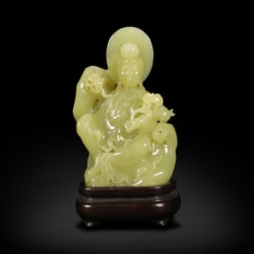 Qing Dynasty Hetian yellow jade Avalokiteshvara statue
