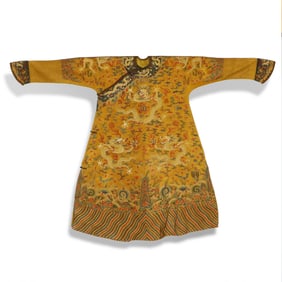 Qing Dynasty Bright Yellow Satin Embroidered Dragon Robe with Cloud and Gold Dragon Patterns and