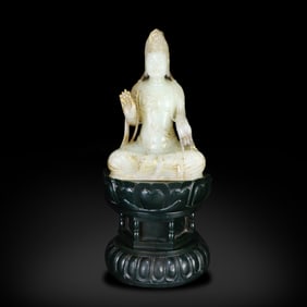 Liao Dynasty White jade gilded Avalokiteshvara statue with jasper base