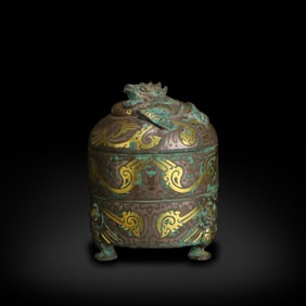Han Dynasty Bronze covered box with dragon patterns inlaid with gold and silver