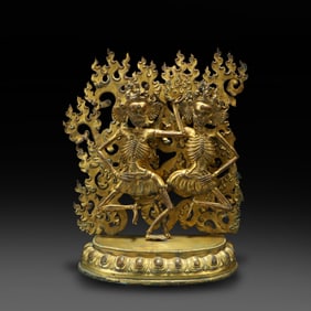 Qing Dynasty Gilt-bronze Chitipati yab-yum statue