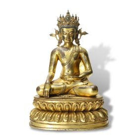Ming Dynasty Gilt-bronze Sakyamuni Buddha statue with golden crown