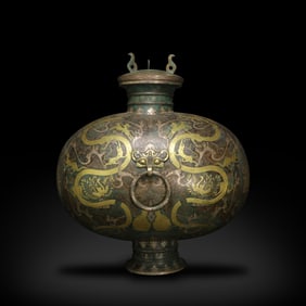 Warring States Period Bronze cocoon-shaped wine vessel with mythical beast and figure patterns