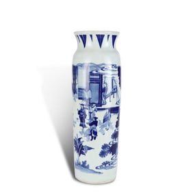 Ming Dynasty Chongzhen period,  Blue-and-white cylindrical vase with figure story patterns