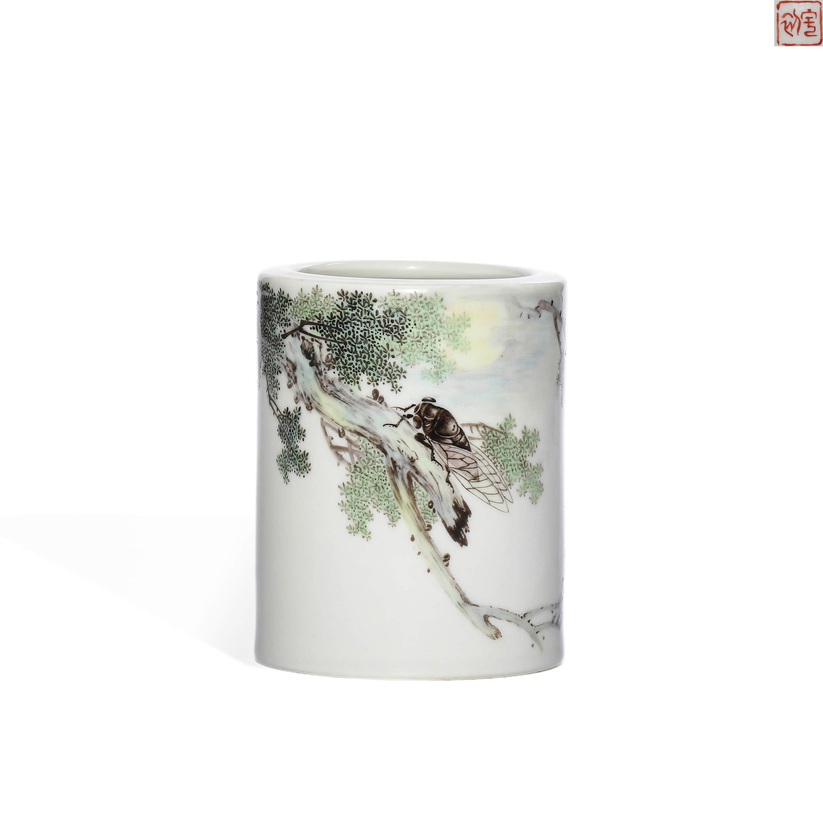 Shi Yuchu pastel flower and grass brush holder in the Republic of China: H:10cmD:8cm