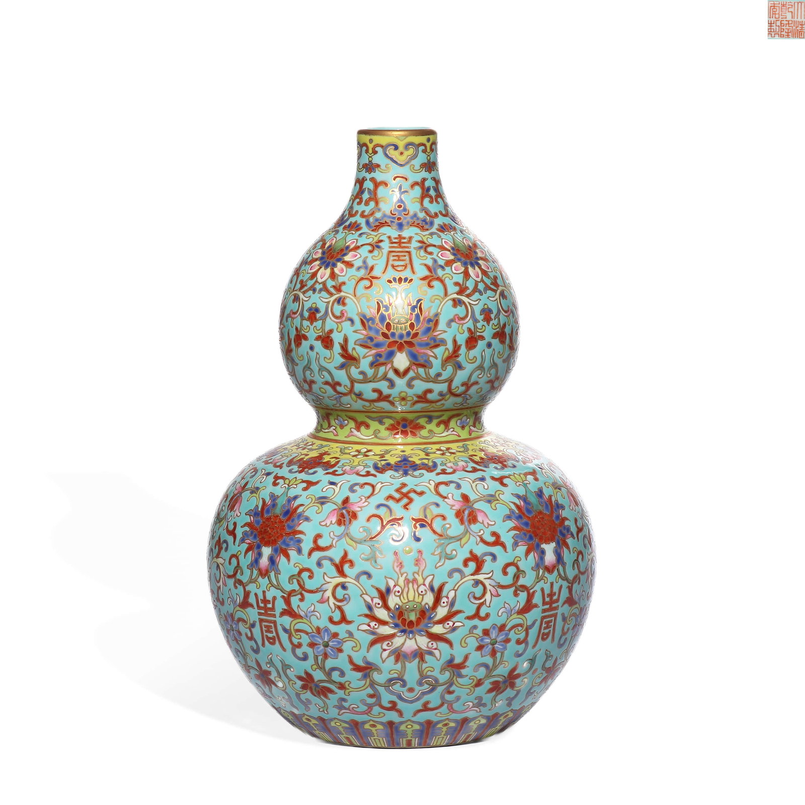 Qing gan long mark song Shi green land pastel bound branch flower longevity gourd bottle: H:26cm D:17.5cm