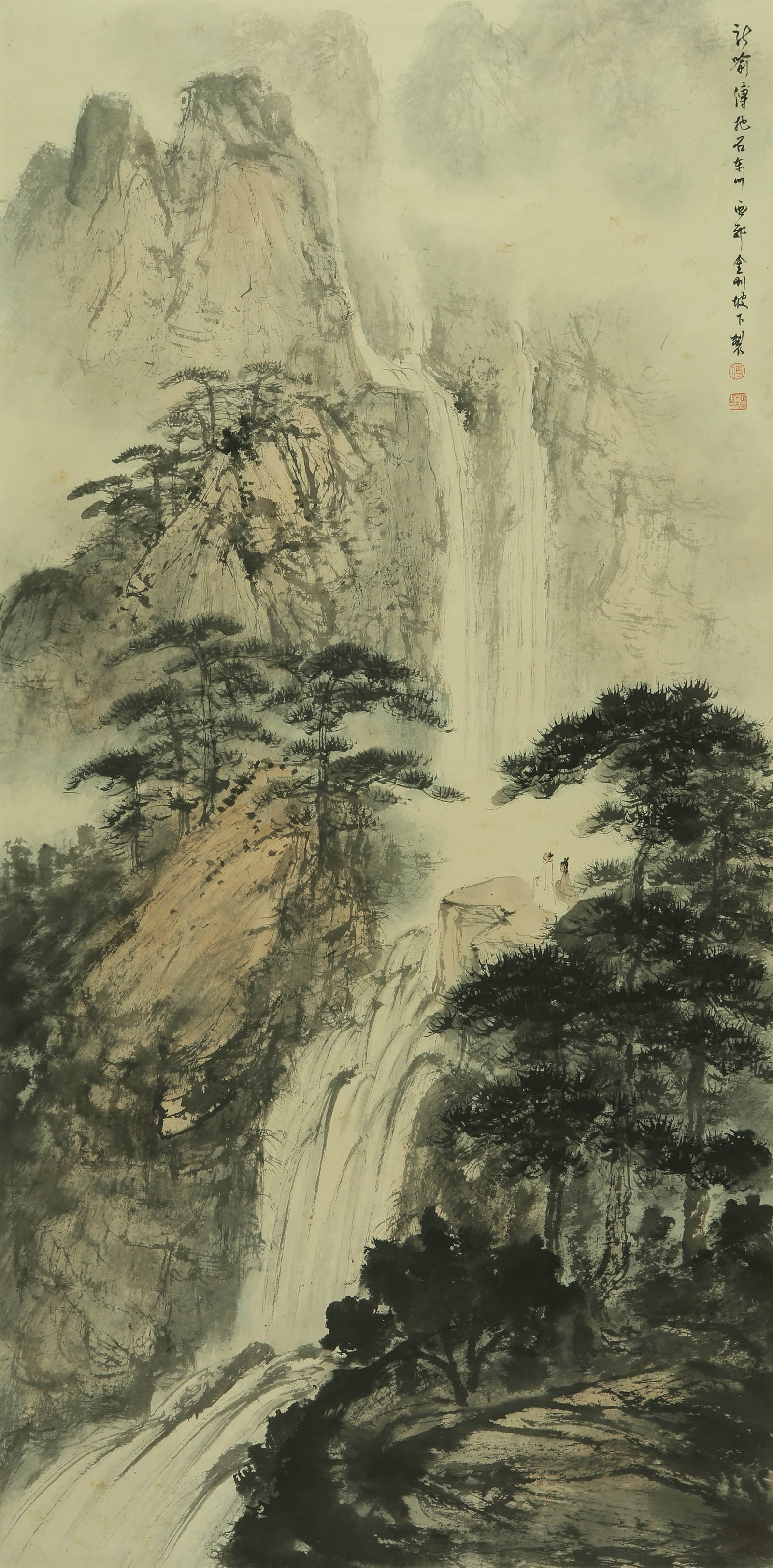 Fu Baoshi mark Waterfall View Map: The vertical axis of colored paper is 138×67