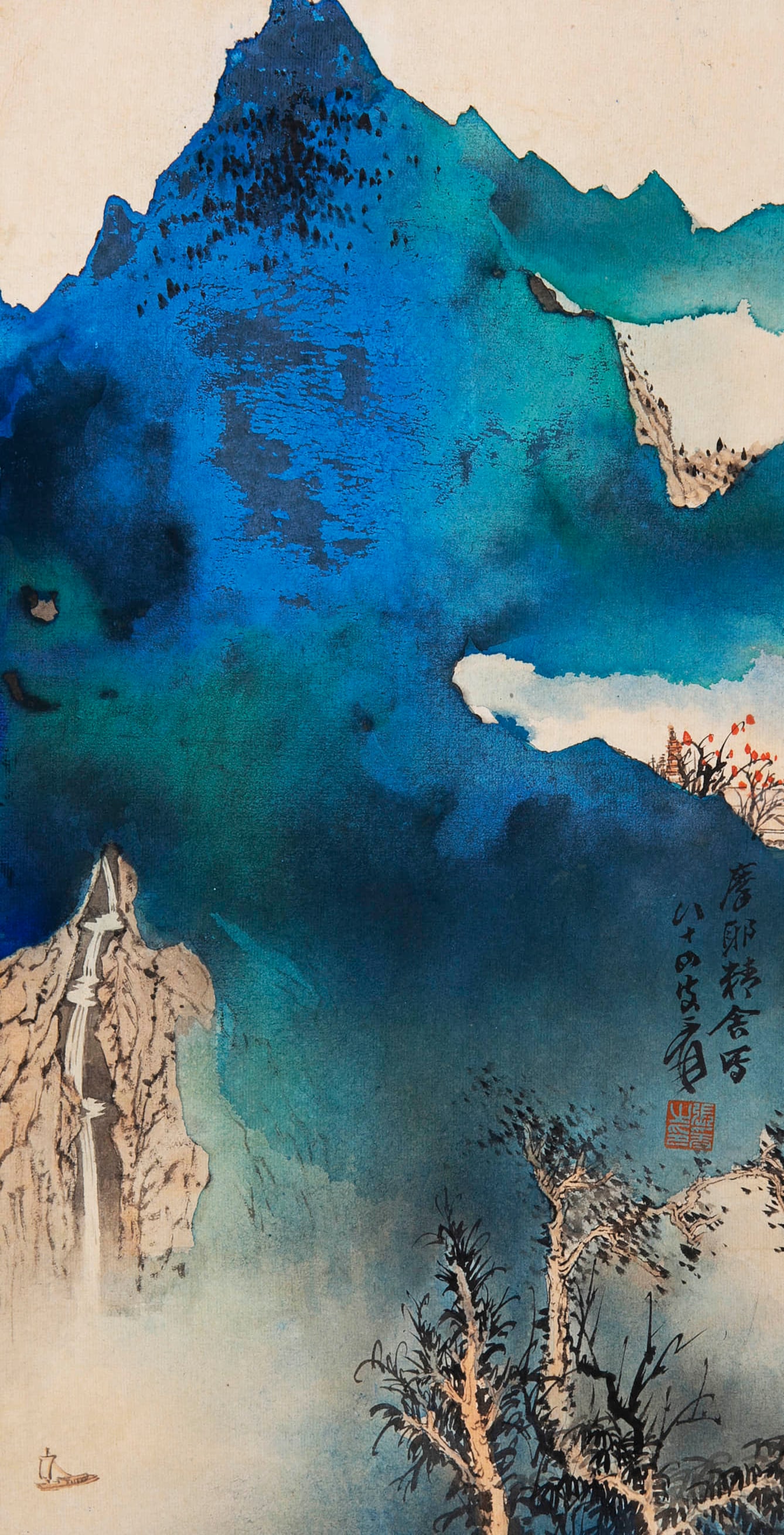 Zhang Daqian mark splashed colorful landscapes.: Colored paper lens 46×23