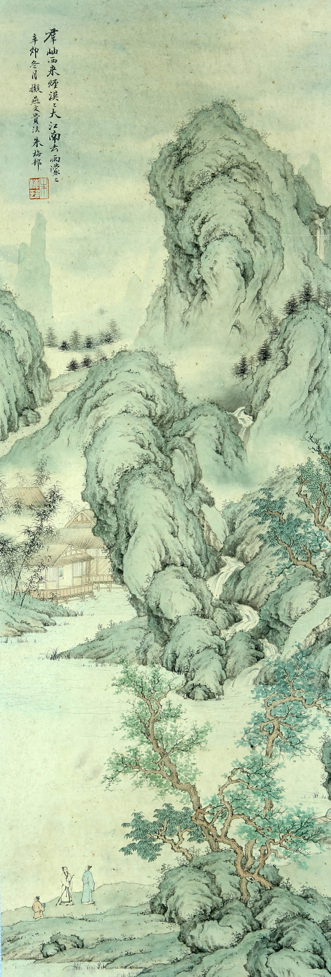 Zhu Meicun mark landscape: 100×34 colored paper vertical shaft