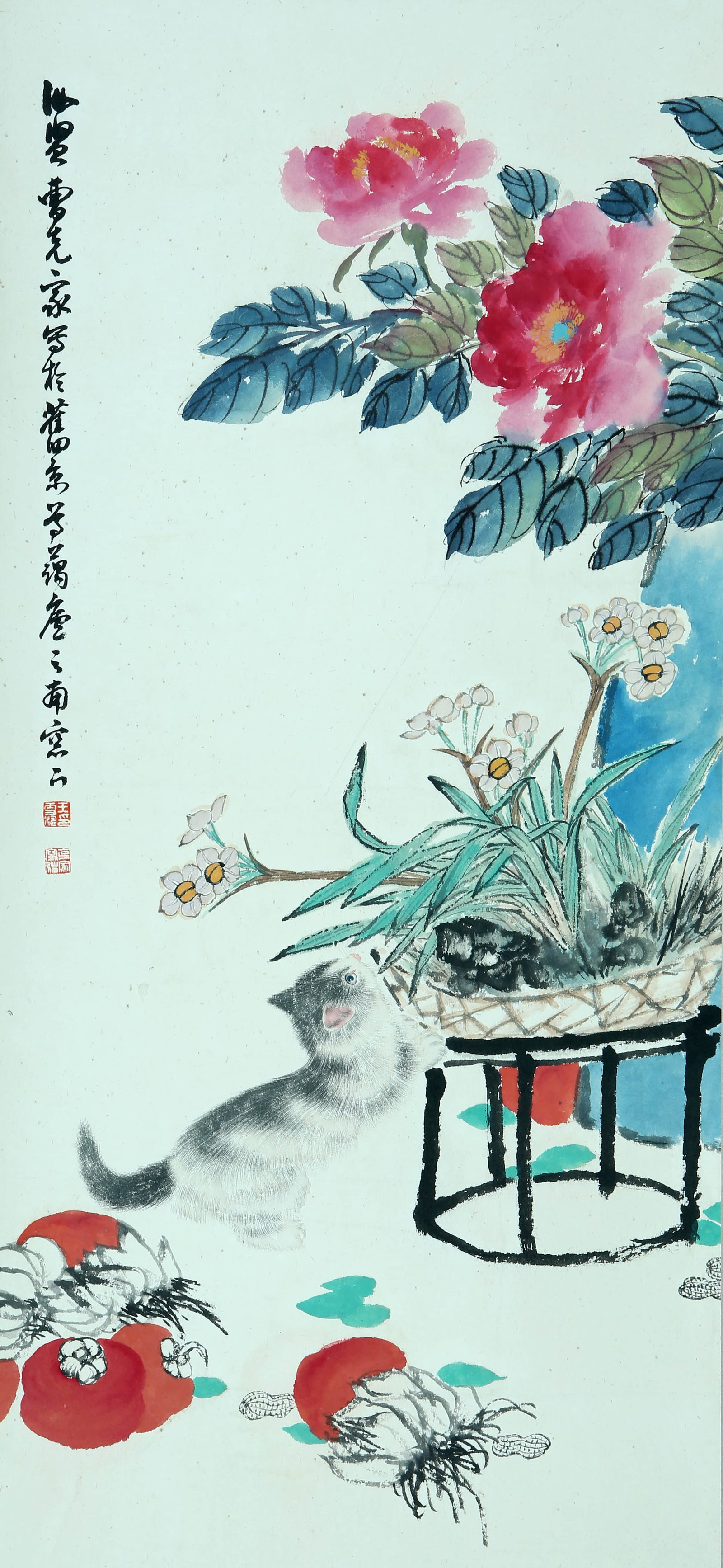 Wang Xuetao mark Cao Kejia Cat Fun Map: 94×43 colored paper vertical shaft