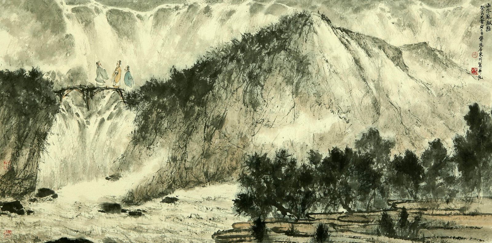 Fu Baoshi mark is swaying outside the mountains: Colored paper lens 69×140