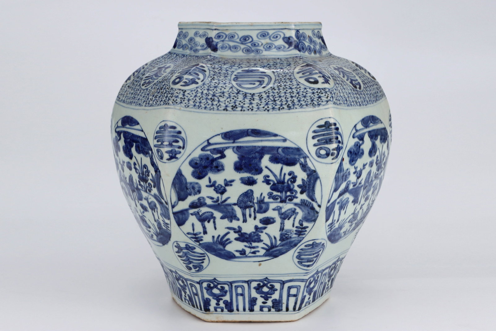 Ming Jiajing blue-and-white melon prismatic deer crane spring jar - 2