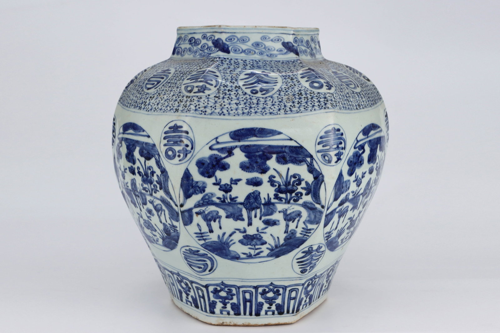 Ming Jiajing blue-and-white melon prismatic deer crane spring jar - 3