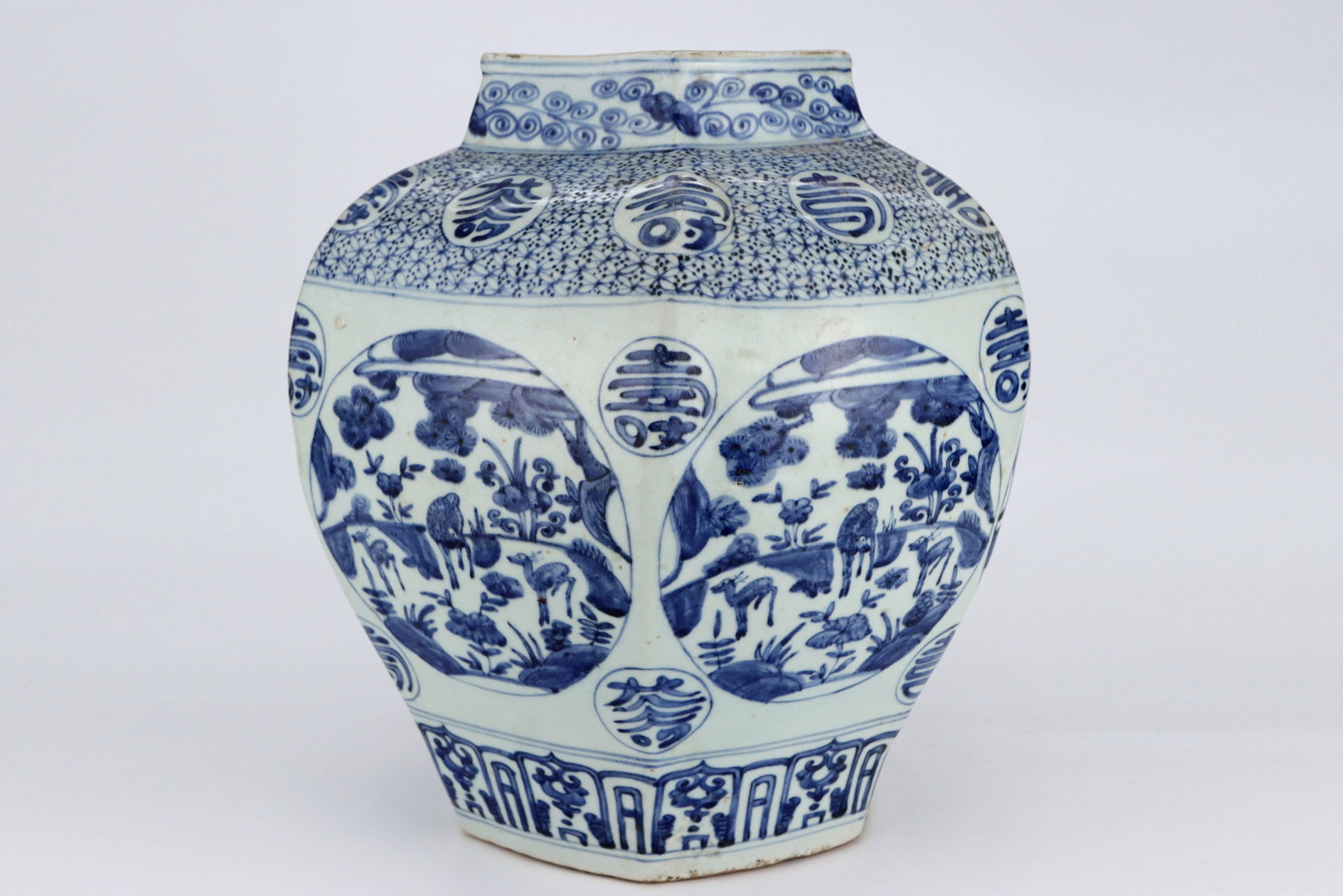 Ming Jiajing blue-and-white melon prismatic deer crane spring jar - 4