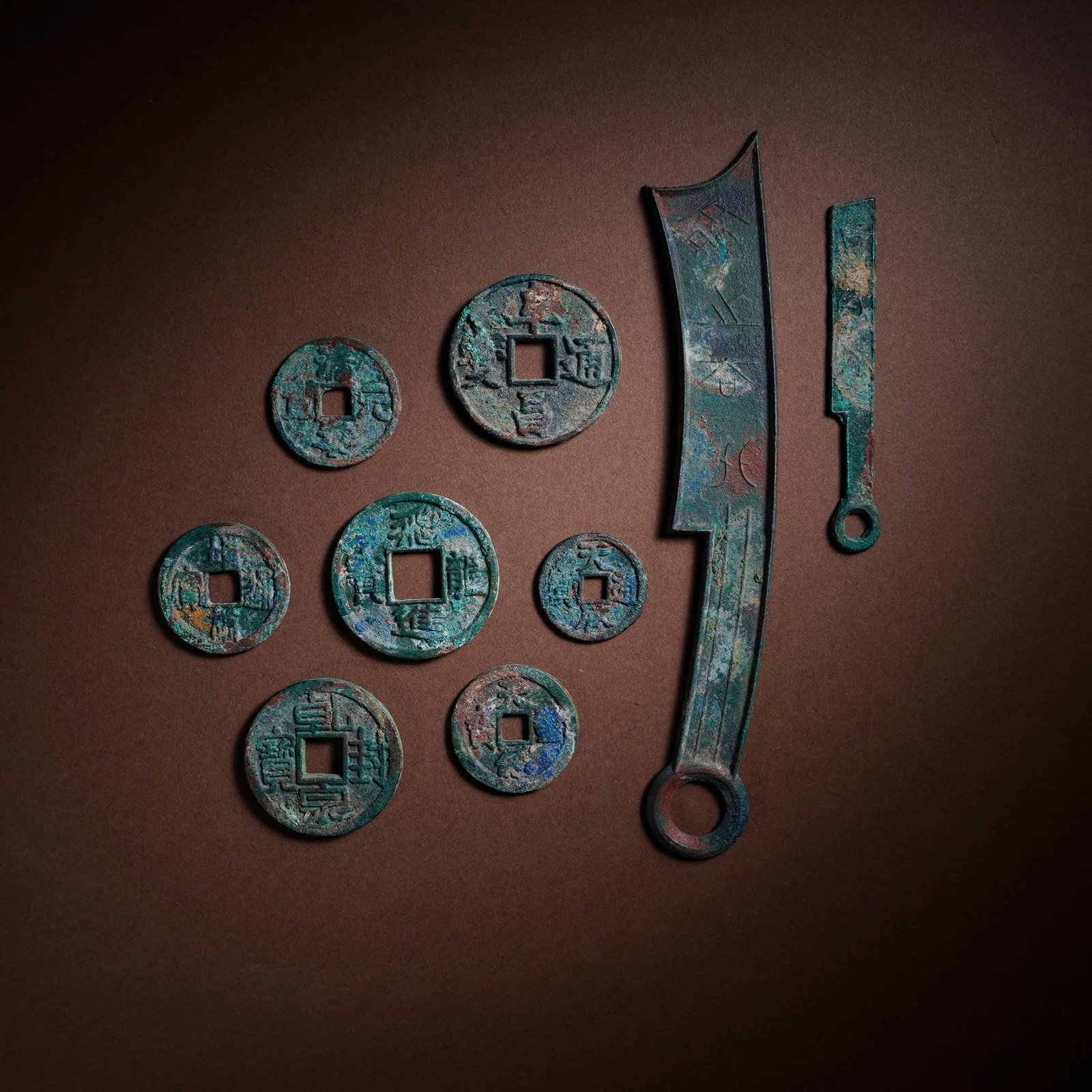 A group of nine ancient coins in China.: L:18.5cm W:3cm ?????