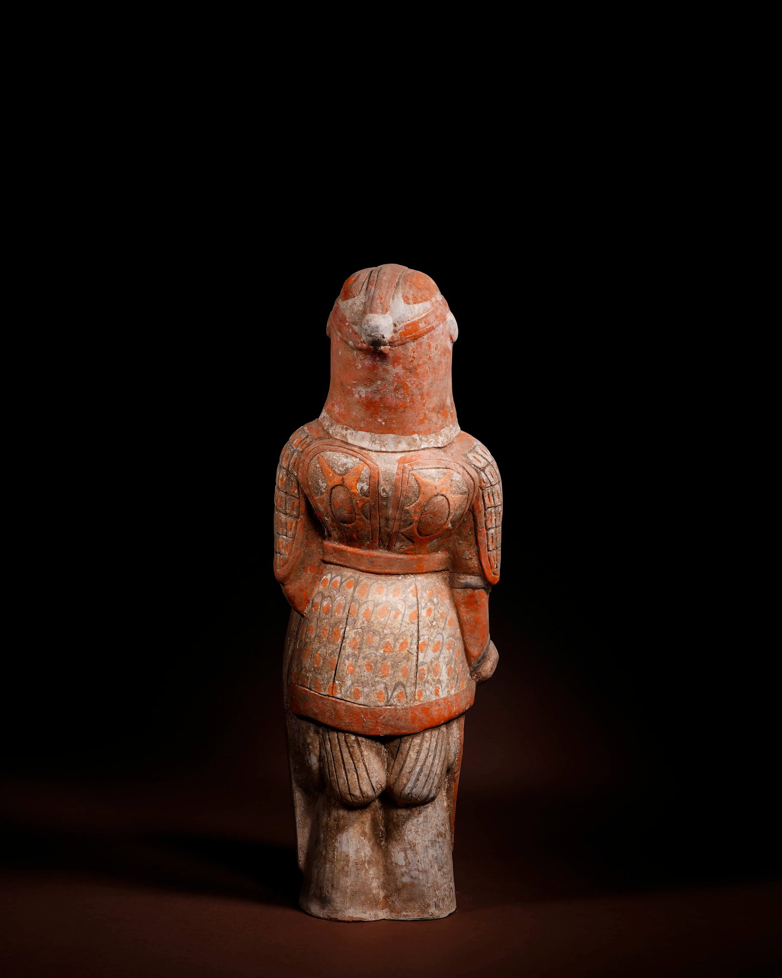 A red painted pottery standing armoured warrior with a shield, Northern Qi Dynasty - 3